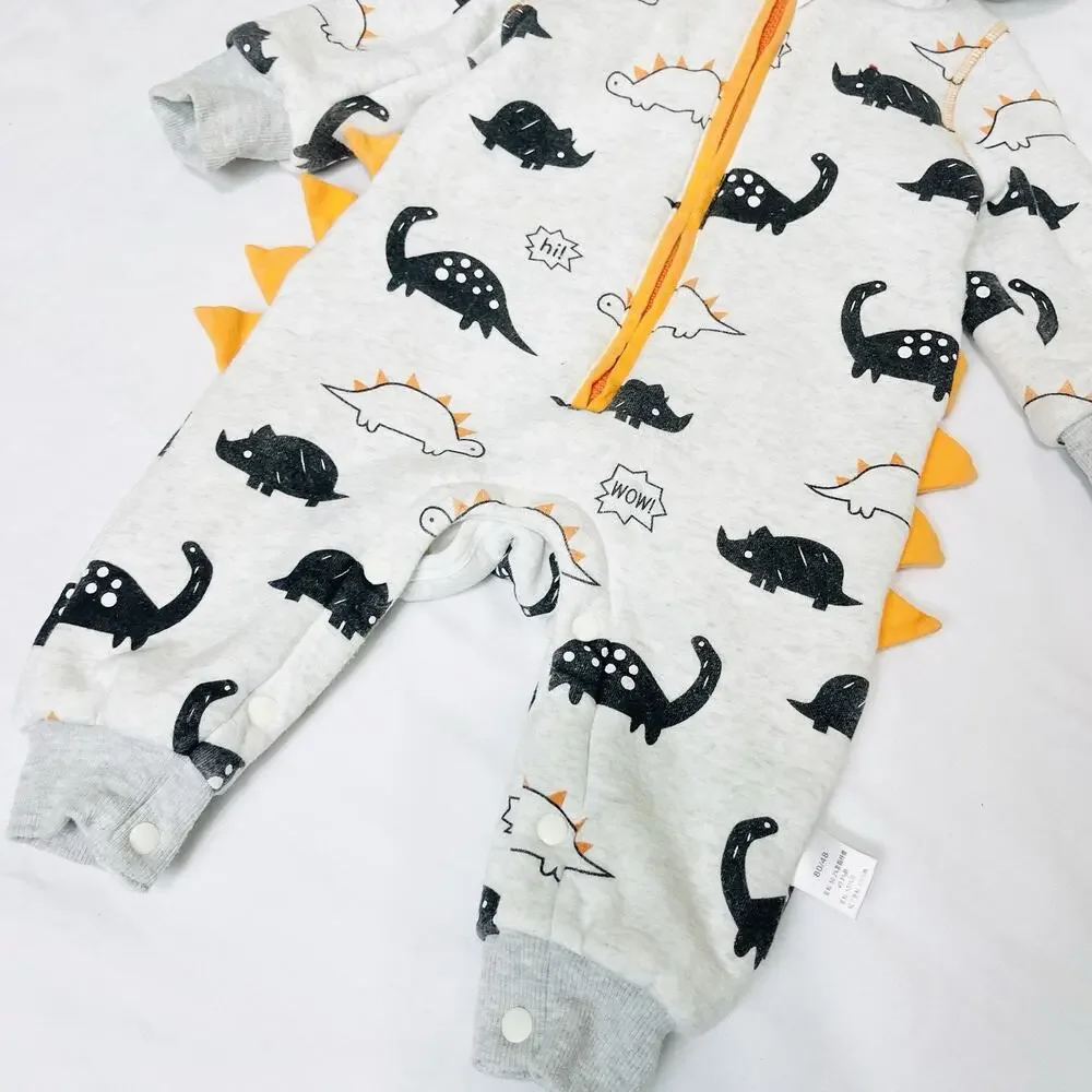 Baby Boy Dinosaur Pattern Long Sleeve Hooded Zipped Romper Winter Jumpsuit 6-12m